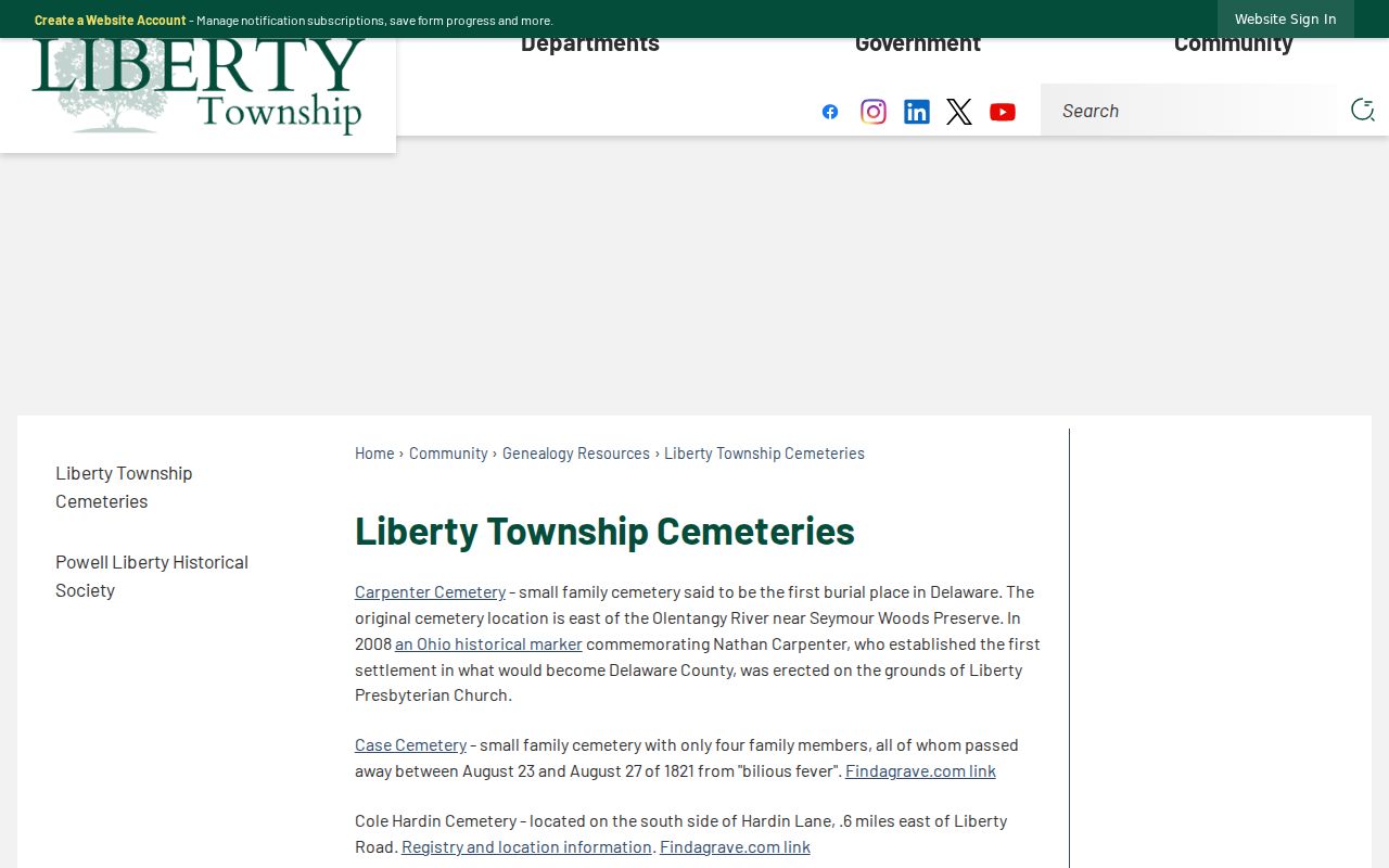 Liberty Township previous residents family cemetery research
